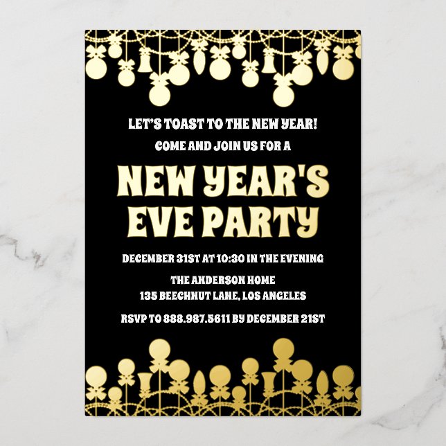 Invitación Con Relieve Metalizado Fiesta retro audaz de la víspera de Año Nuevo (Anverso)