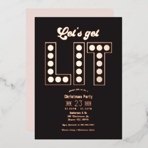 Invitación Con Relieve Metalizado Fiesta Retro de Navidad Blush Noir Let's Get Lit