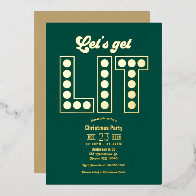 Invitación Con Relieve Metalizado Fiesta Retro de Navidad Emerald Elegance Get Lit (Anverso/Reverso)