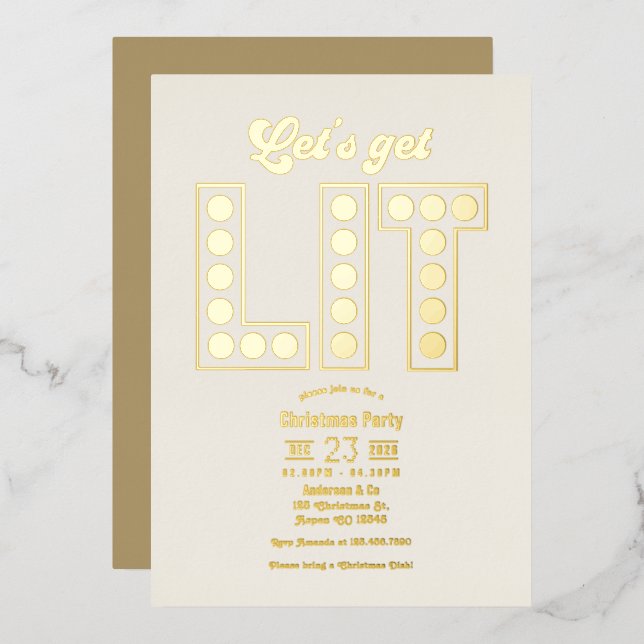 Invitación Con Relieve Metalizado Fiesta Retro de Navidad Ivory Luxe Vamos a Encende (Anverso/Reverso)