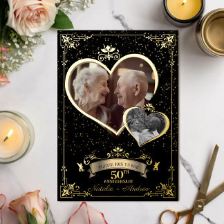 Invitación Con Relieve Metalizado Fiesta Romántica de Aniversario de Oro Entonces y