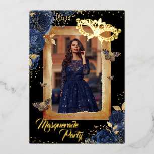 Invitación Con Relieve Metalizado Fiesta Rosa de la mascarada de la foto de Navy Qui