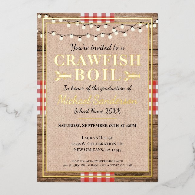 Invitación Con Relieve Metalizado Fiesta Rústica de graduación de langosta de langos (Anverso)