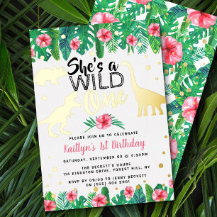 Invitación Con Relieve Metalizado Fiesta Salvaje Cumpleaños Real de las Chicas Dinos