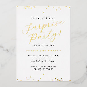 Invitación Con Relieve Metalizado Fiesta Sorpresa con Confeti de Escritura en Oro