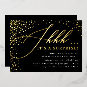 Invitación Con Relieve Metalizado Fiesta Sorpresa con Confeti de Oro y Negro Guión
