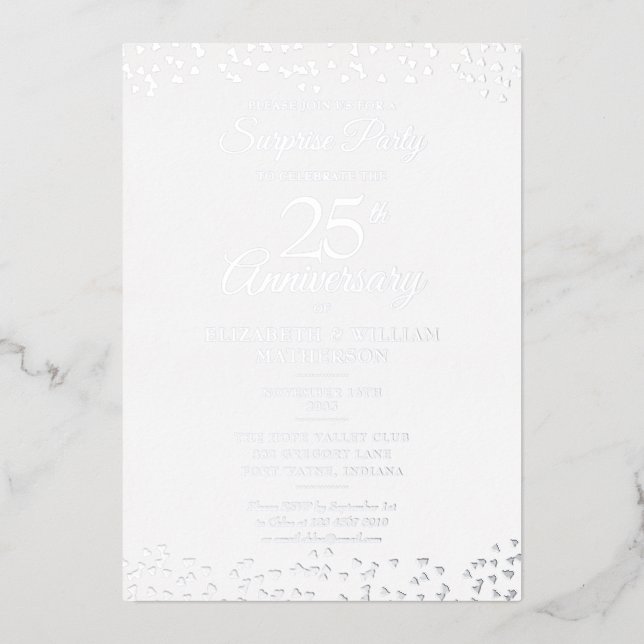 Invitación Con Relieve Metalizado Fiesta sorpresa de bodas de plata 25 aniversario (Anverso)