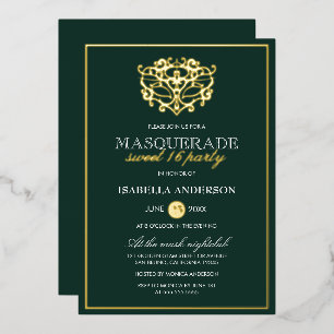 Invitación Con Relieve Metalizado Fiesta Sweet 16 de Máscara Verde Esmeralda y Dorad