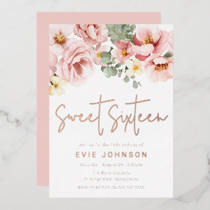 Invitación Con Relieve Metalizado Fiesta Sweet 16 Floral Rosa Polvo Oro Rosa