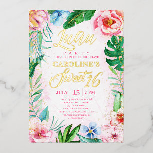 Invitación Con Relieve Metalizado Fiesta Tropical Floral Luau Hawaiano Dulces Diecis