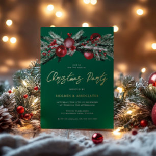 Invitación Con Relieve Metalizado Fiesta Verde Corporativa de Navidad en Oro
