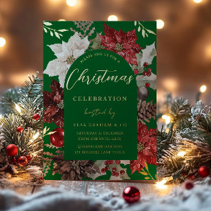 Invitación Con Relieve Metalizado Fiesta Verde Corporativa de Navidad en Oro