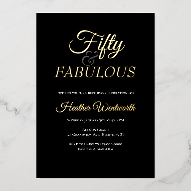 Invitación Con Relieve Metalizado Fifty and Fabulous 50th Birthday Elegant (Anverso)