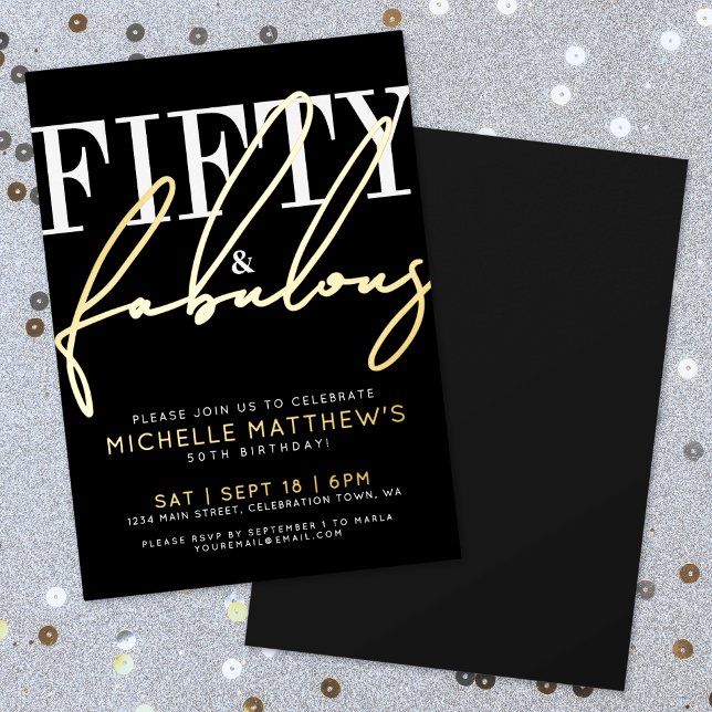 Invitación Con Relieve Metalizado Fifty And Fabulous 50th Birthday Party Gold (Fifty And Fabulous 50th Birthday Party Gold Foil Invitation)