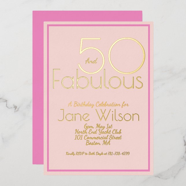 Invitación Con Relieve Metalizado Fifty And Fabulous Birthday Invitation Chic Pink (Anverso/Reverso)