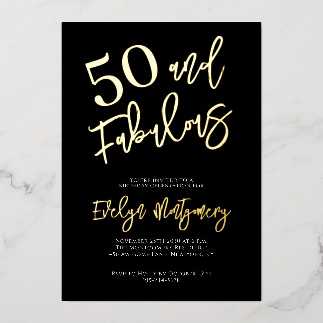 Invitación Con Relieve Metalizado Fifty and Fabulous Gold Black 50th Birthday Party  (Anverso)
