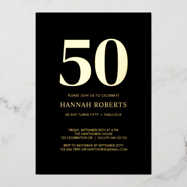 Invitación Con Relieve Metalizado Fifty and Fabulous Gold Black 50th Birthday Party (Anverso)