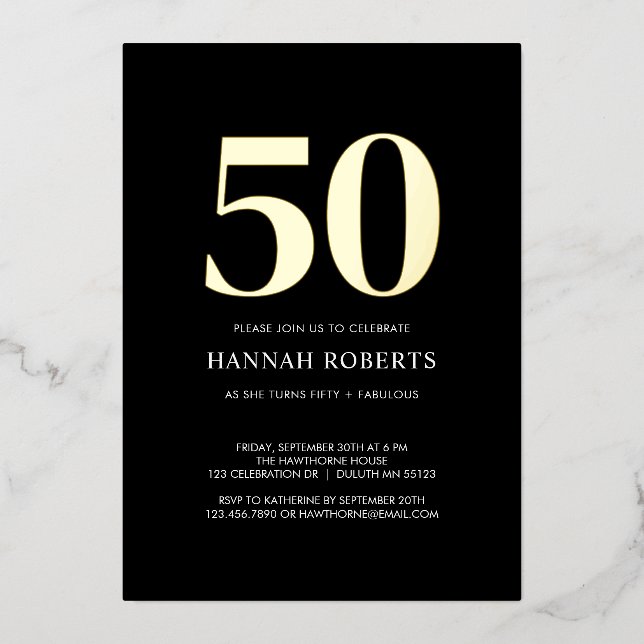 Invitación Con Relieve Metalizado Fifty and Fabulous Gold Black 50th Birthday Party (Anverso)