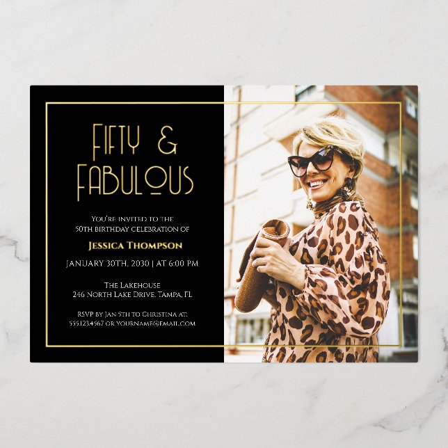 Invitación Con Relieve Metalizado Fifty and Fabulous Gold Text Photo 50th Birthday (Anverso)