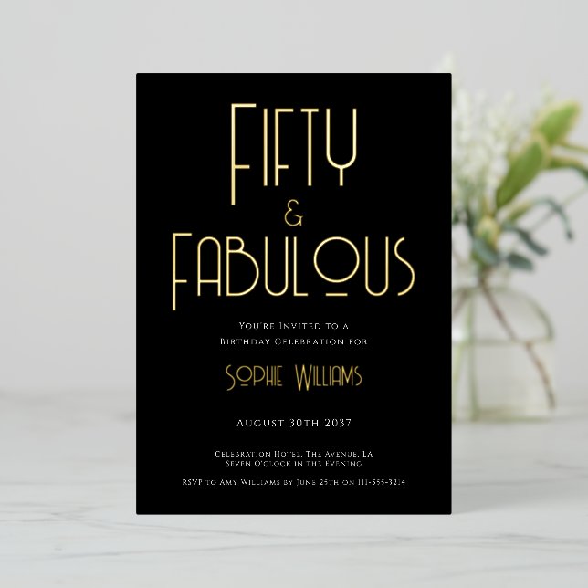 Invitación Con Relieve Metalizado Fifty and Fabulous Typography 50th Birthday Party (Anverso de pie)