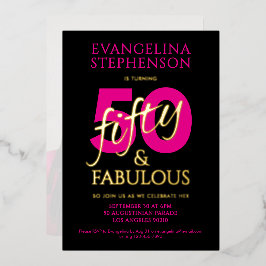 Invitación Con Relieve Metalizado Fifty Fabulous Black Pink Gold 50th Birthday Photo
