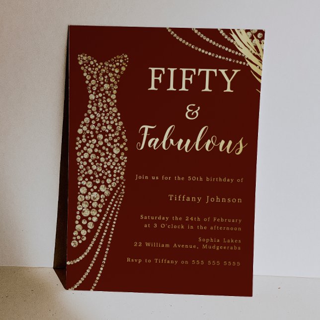 Invitación Con Relieve Metalizado Fifty & Fabulous Burgundy & Gold 50th Birthday  (Subido por el creador)
