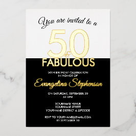Invitación Con Relieve Metalizado Fifty Fabulous Modern Black Gold 50th Birthday 