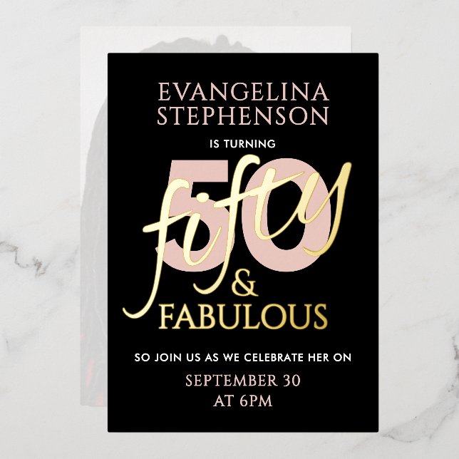Invitación Con Relieve Metalizado Fifty Fabulous Pink Black Gold 50th Birthday Photo (Anverso/Reverso)