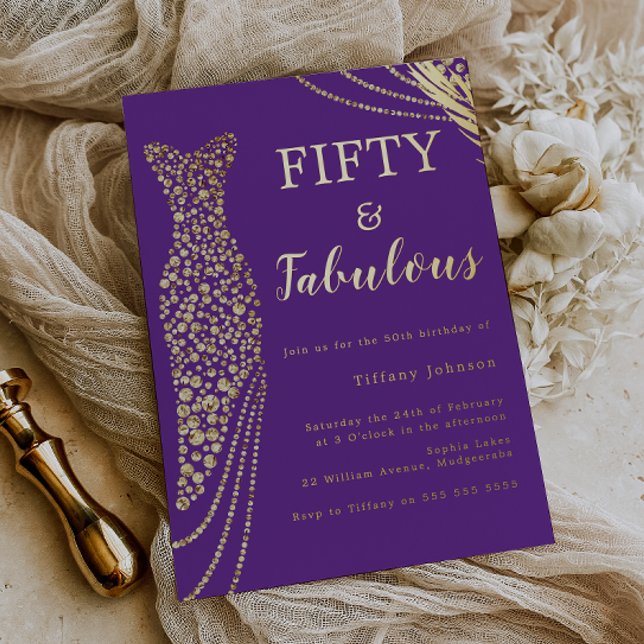 Invitación Con Relieve Metalizado Fifty & Fabulous Purple & Gold 50th Birthday  (Subido por el creador)