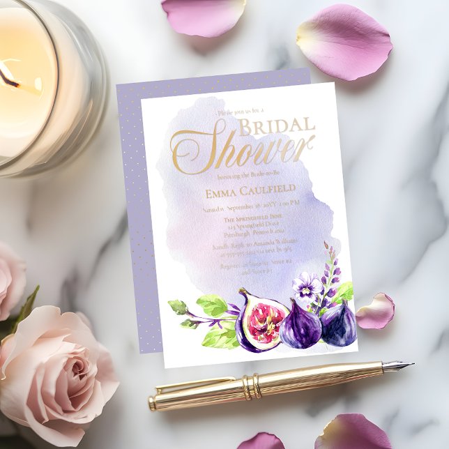 Invitación Con Relieve Metalizado Figs Boho Purple Lavender Floral Bridal Shower (Boho Figs and Floral Purple and Lavender Bridal Shower Gold Foil Invitation)