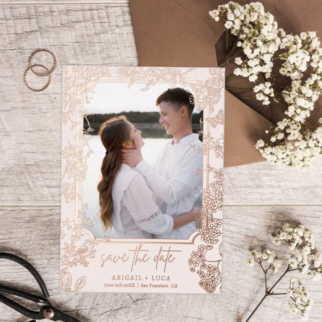 Invitación Con Relieve Metalizado Filigree Floral Chinoiserie Save Date Boda (Subido por el creador)