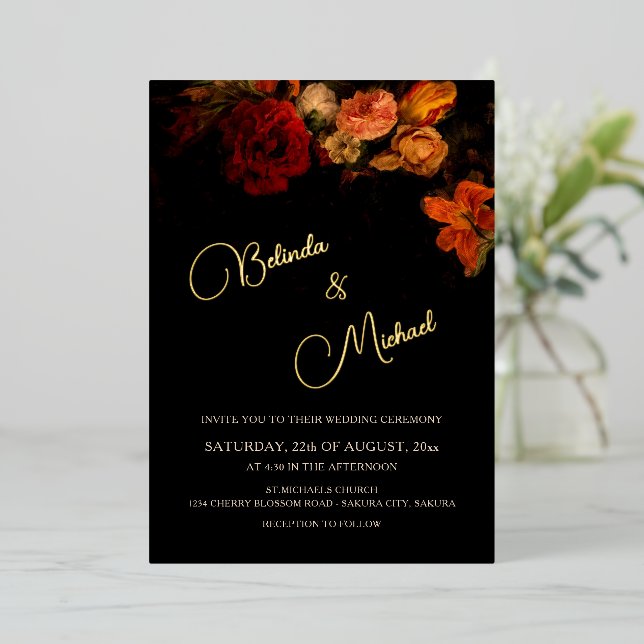 Invitación Con Relieve Metalizado Fine Art Flowers Dark Wedding (Anverso de pie)