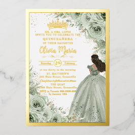 Invitación Con Relieve Metalizado Fino Verde Salvia Floral Marrón Princesa Quinceañe