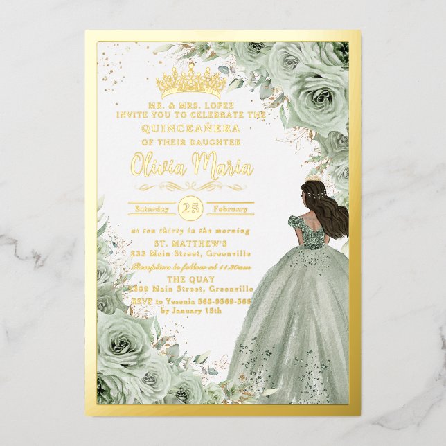 Invitación Con Relieve Metalizado Fino Verde Salvia Floral Marrón Princesa Quinceañe (Anverso)