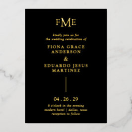 Invitación Con Relieve Metalizado Fiona Black Bold Monograma Boda Moderna