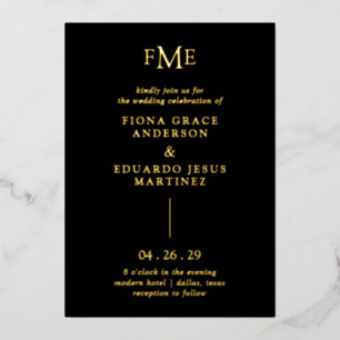 Invitación Con Relieve Metalizado Fiona Black Bold Monograma Boda Moderna