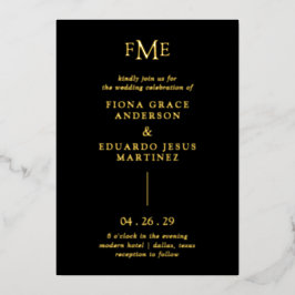 Invitación Con Relieve Metalizado Fiona Black Bold Monograma moderno Boda