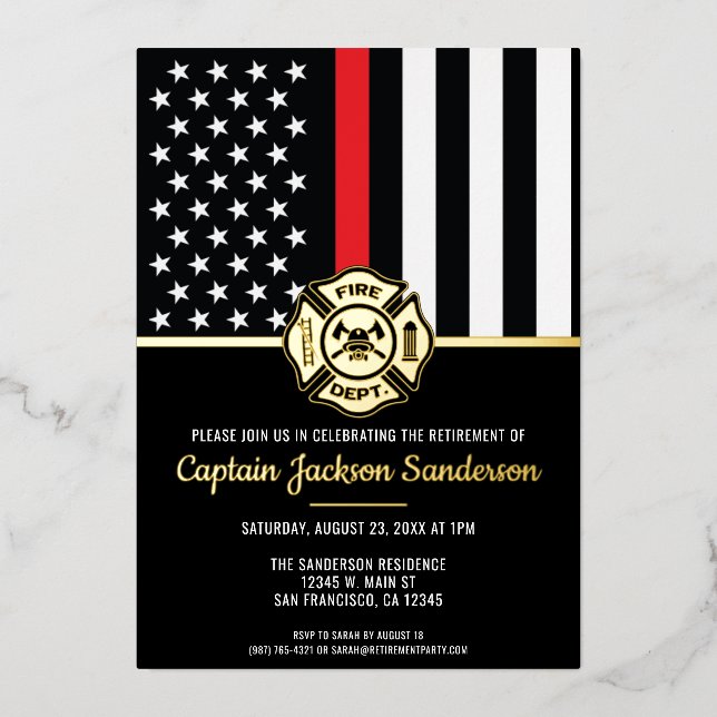 Invitación Con Relieve Metalizado Firefighter Fire Department Retirement Fireman (Anverso)