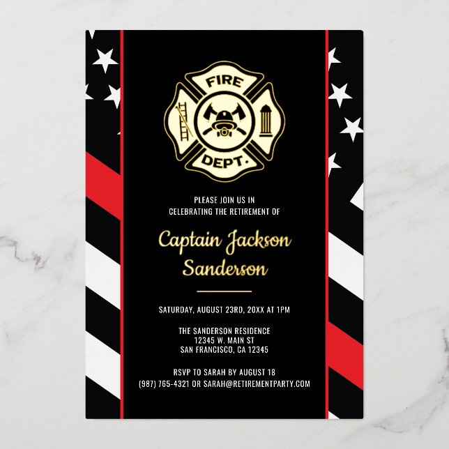 Invitación Con Relieve Metalizado Fireman Fire Department Firefighter Retirement (Anverso)