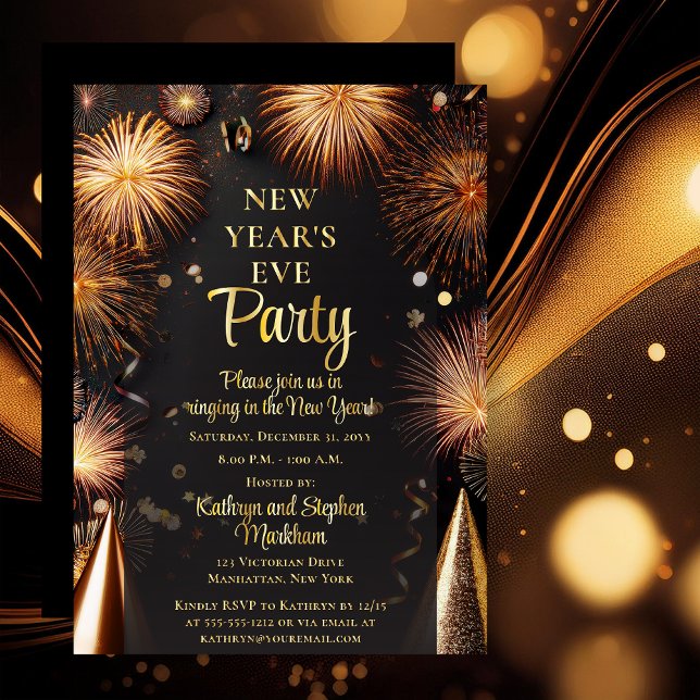 Invitación Con Relieve Metalizado Fireworks Black Gold New Years Eve Party (Elegant Gold Tone Fireworks on Dramatic Black Real Gold Foil Text New Year's Eve Party Invitation)