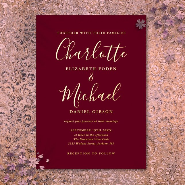 Invitación Con Relieve Metalizado Firma Boda De Script Burgundy Y Oro (Signature Script Wedding Burgundy And Gold Foil Invitation)