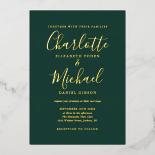 Invitación Con Relieve Metalizado Firma Esmeralda Script Caligrafía Boda Oro