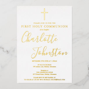 Invitación Con Relieve Metalizado Firma Script First Holy Communition Gold