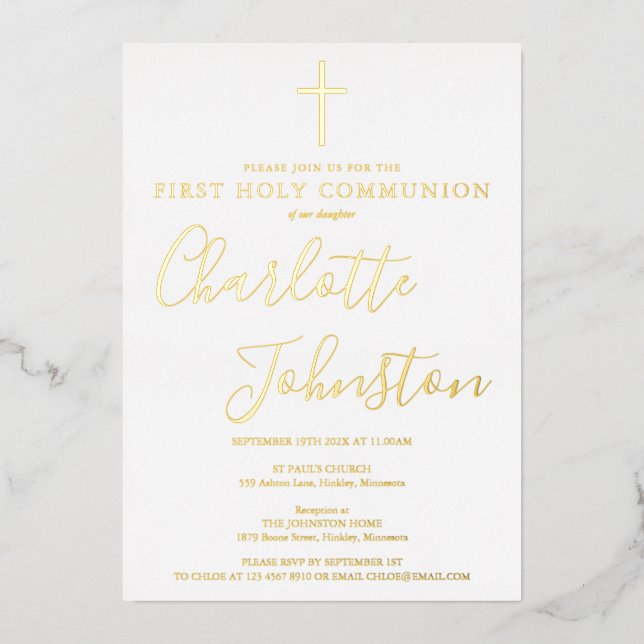 Invitación Con Relieve Metalizado Firma Script First Holy Communition Gold (Anverso)