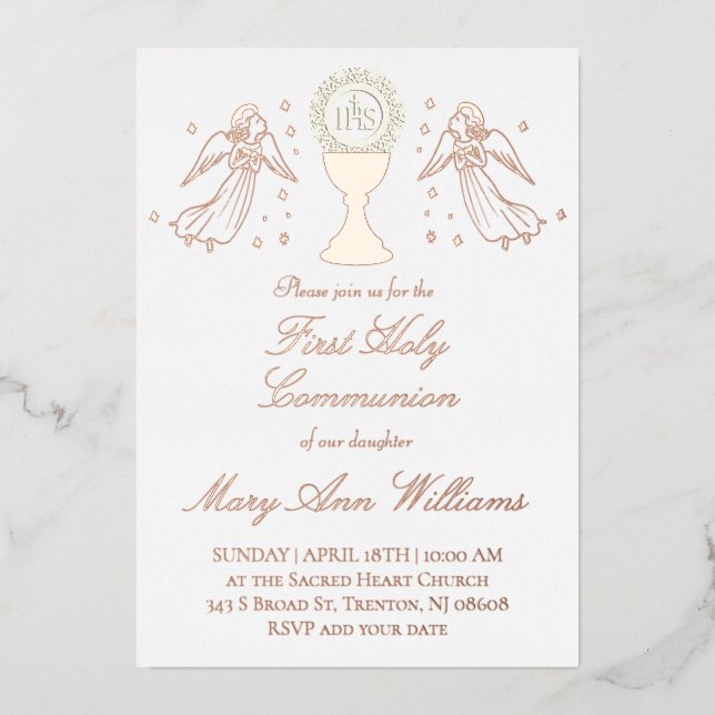 Invitación Con Relieve Metalizado First Communion catholic girl rose gold angels  (Anverso)