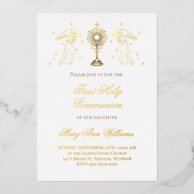 Invitación Con Relieve Metalizado First Holy Communion catholic angels Eucharist (Anverso)