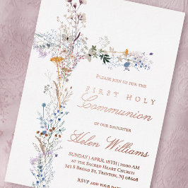 Invitación Con Relieve Metalizado First Holy Communion floral cross
