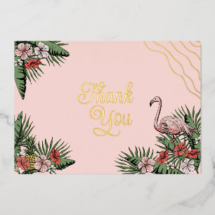 Invitación Con Relieve Metalizado Flamenco Hawaiano & Hibisco Rosa & Oro Gracias