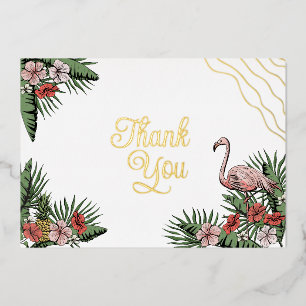 Invitación Con Relieve Metalizado Flamingo hawaiano e Hibiscus Gold Gracias