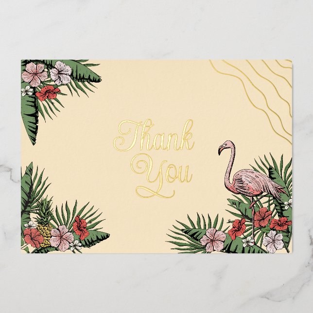 Invitación Con Relieve Metalizado Flamingo hawaiano e Hibiscus Yellow Gracias (Anverso)
